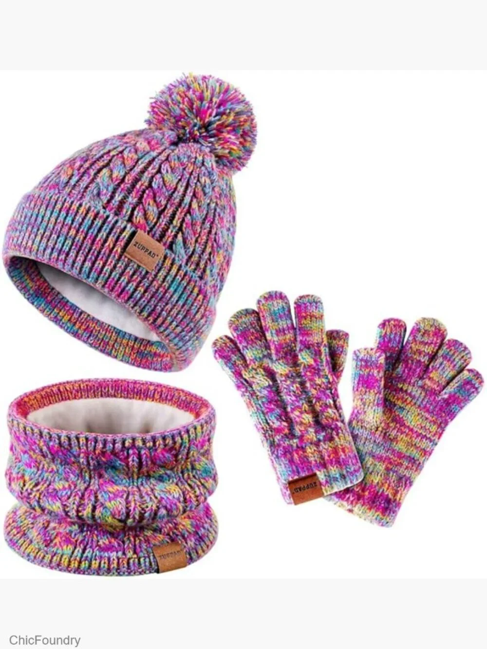 Kids Winter Hat Gloves Scarf Set, Knit Beanie Pom Fleece Lined Mittens Gaiter